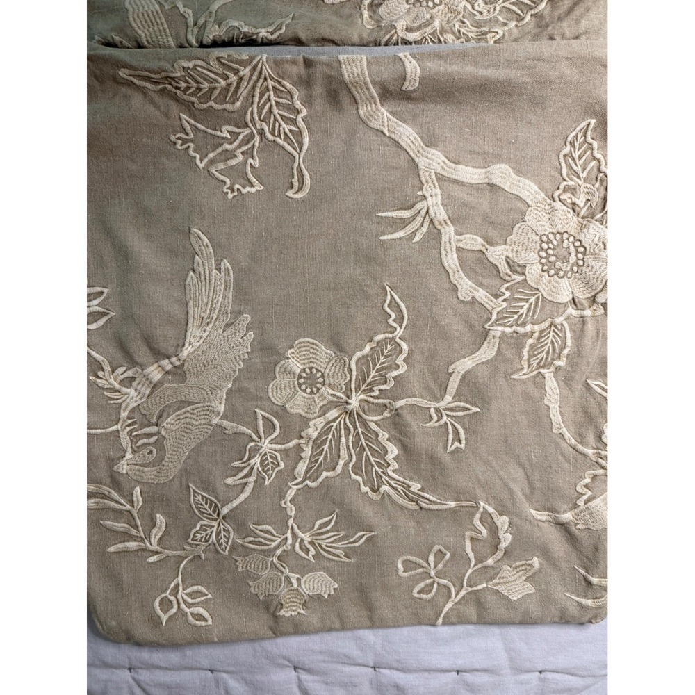 Pottery Barn Bird Floral Linen Cotton Pillow Covers Set of 2 Tan 22x22